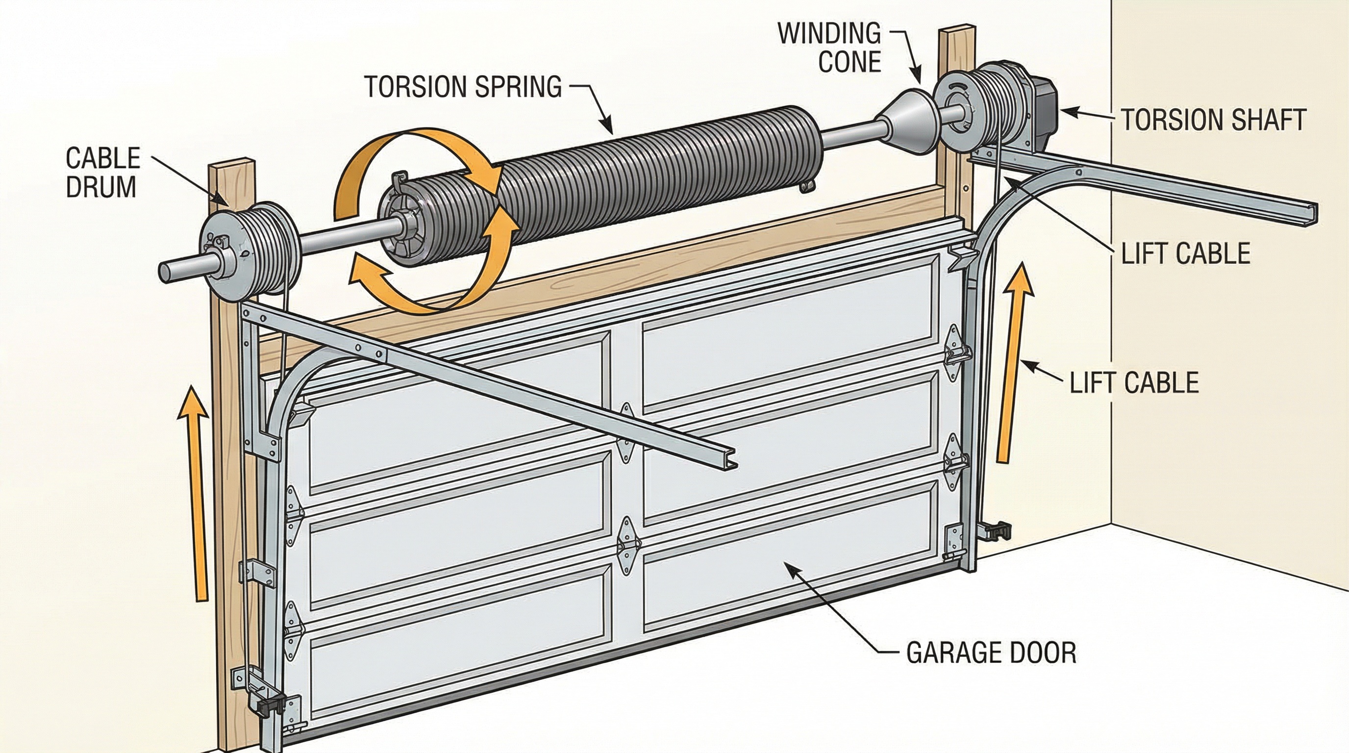 diagram showing torsion spring mounted above garage door with arrows indicating tension