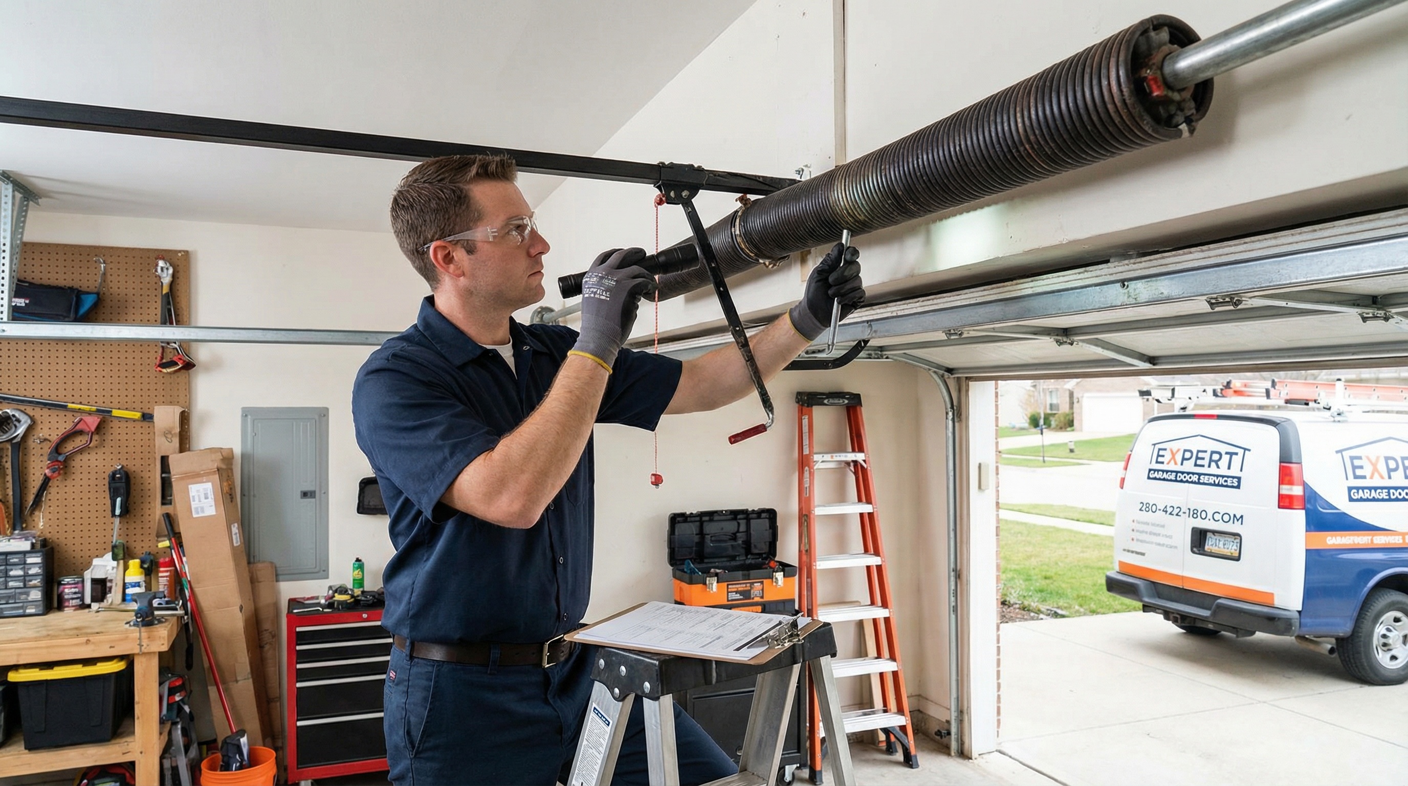 Professional technician inspecting garage door spring safely