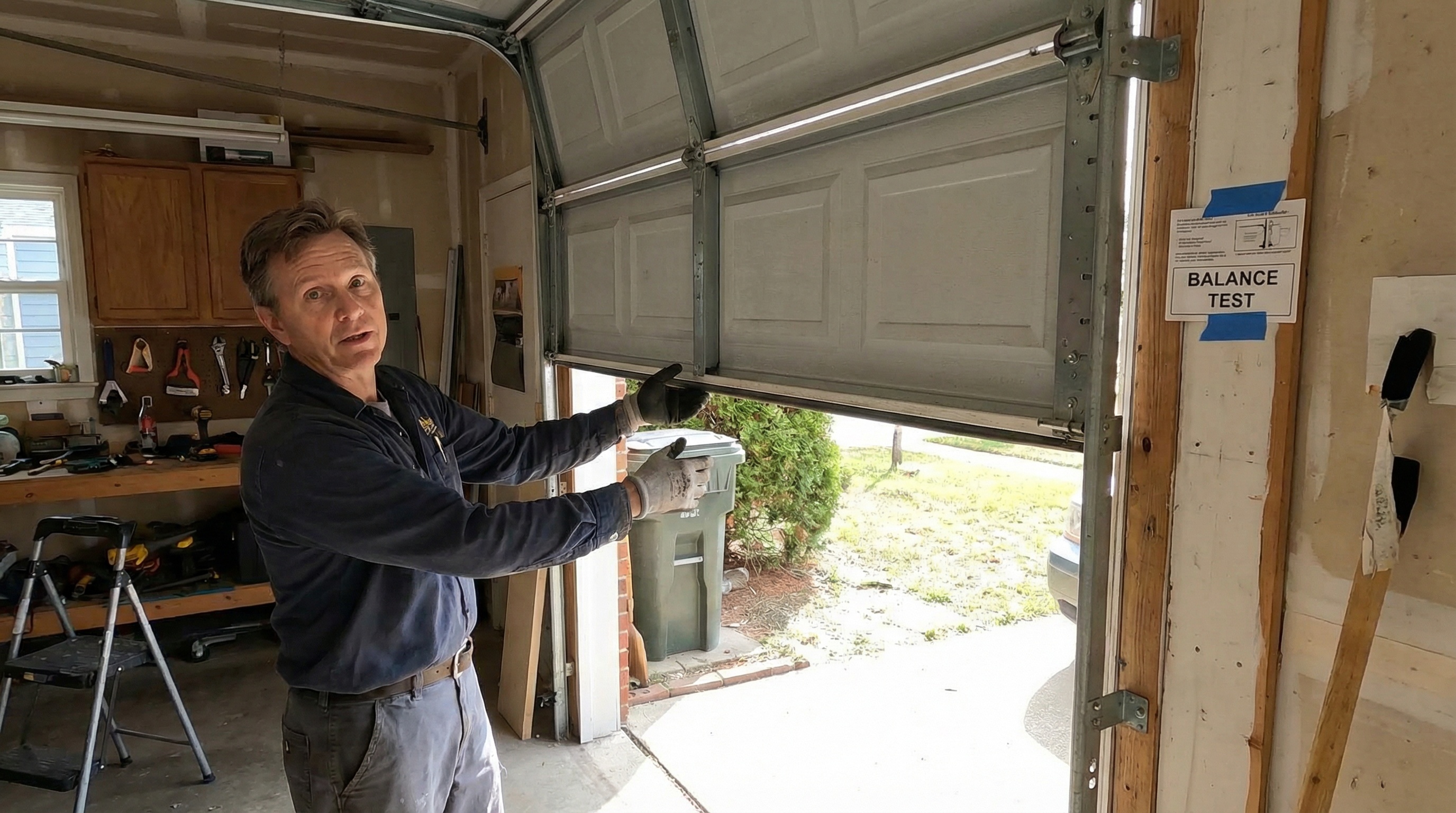 Demonstration of garage door balance test being performed