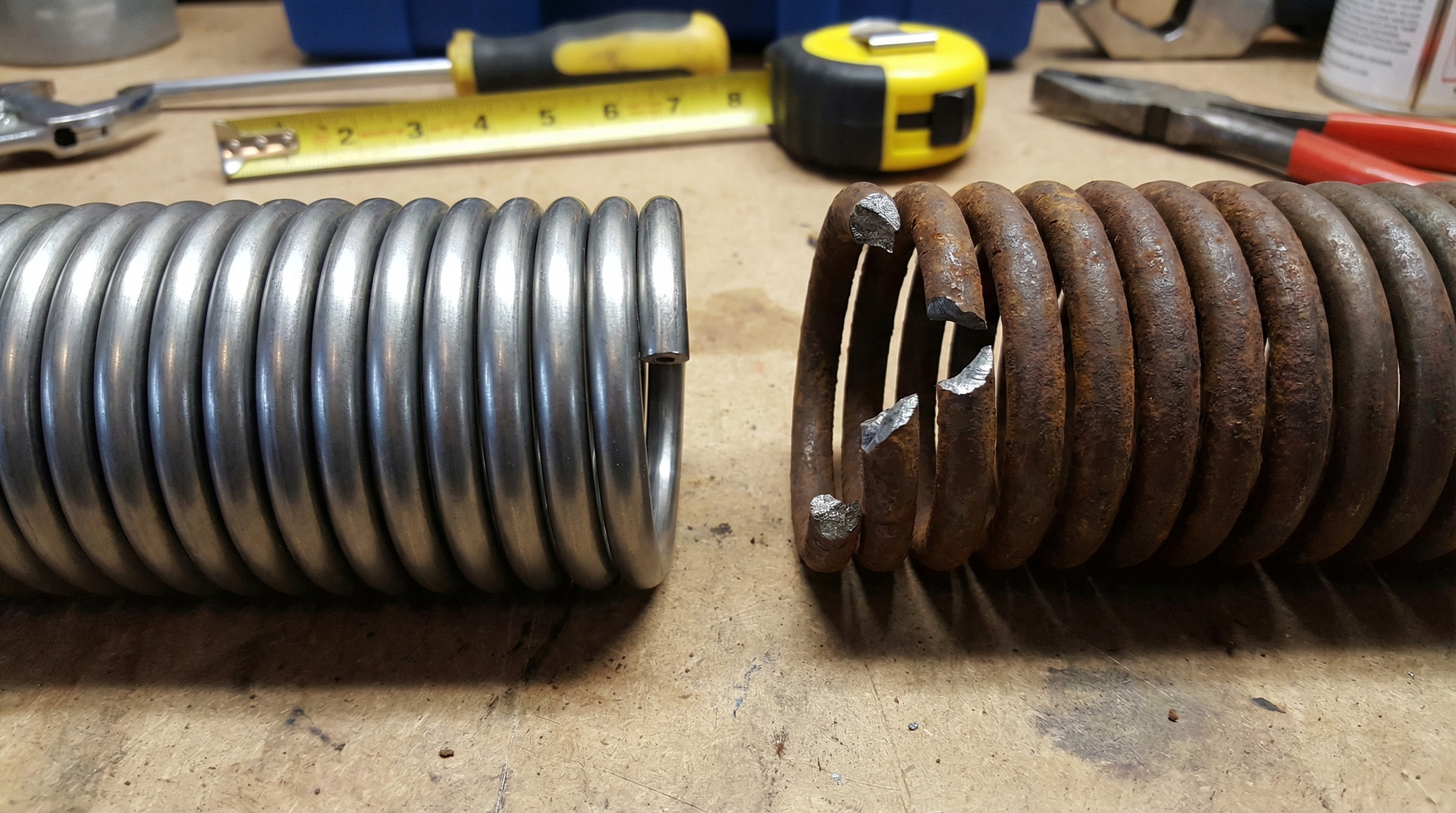 Close-up comparison of intact vs broken garage door spring