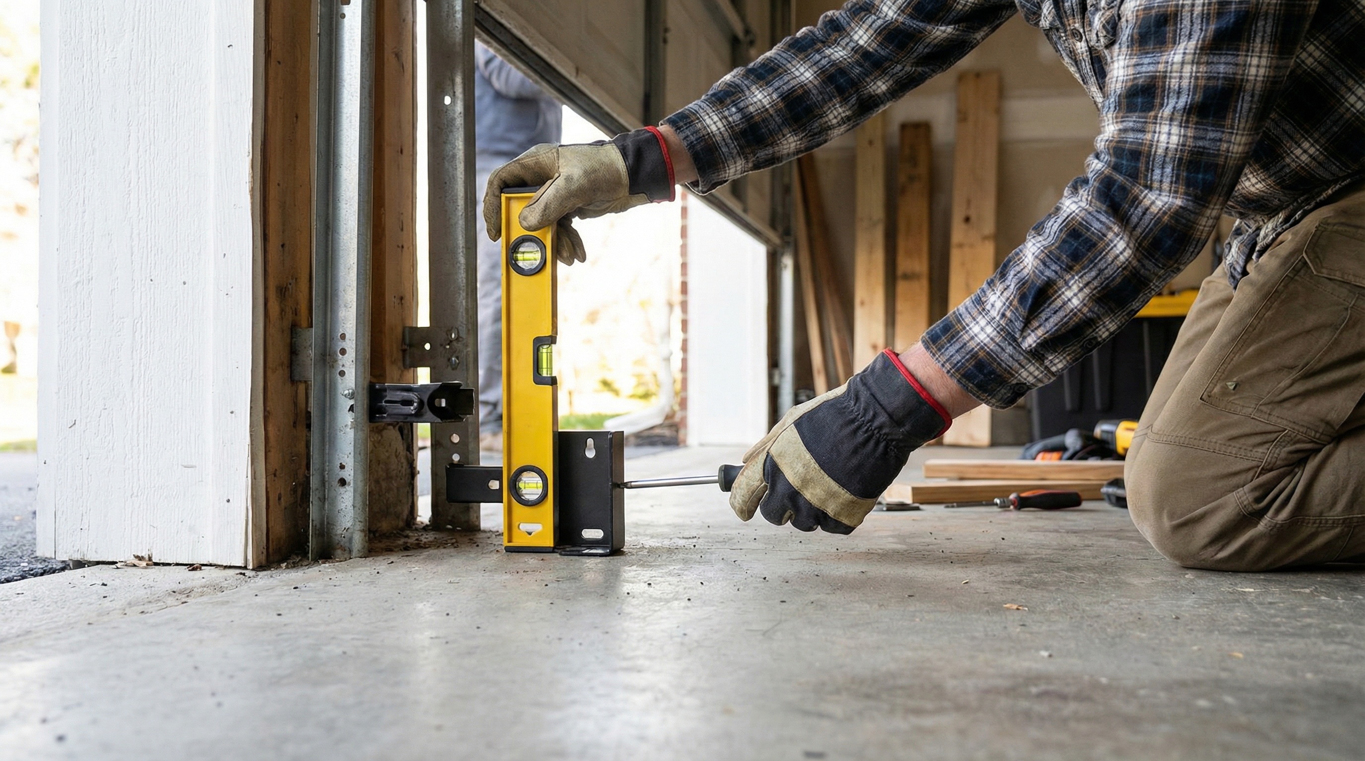 Hands adjusting garage door sensor alignment with level