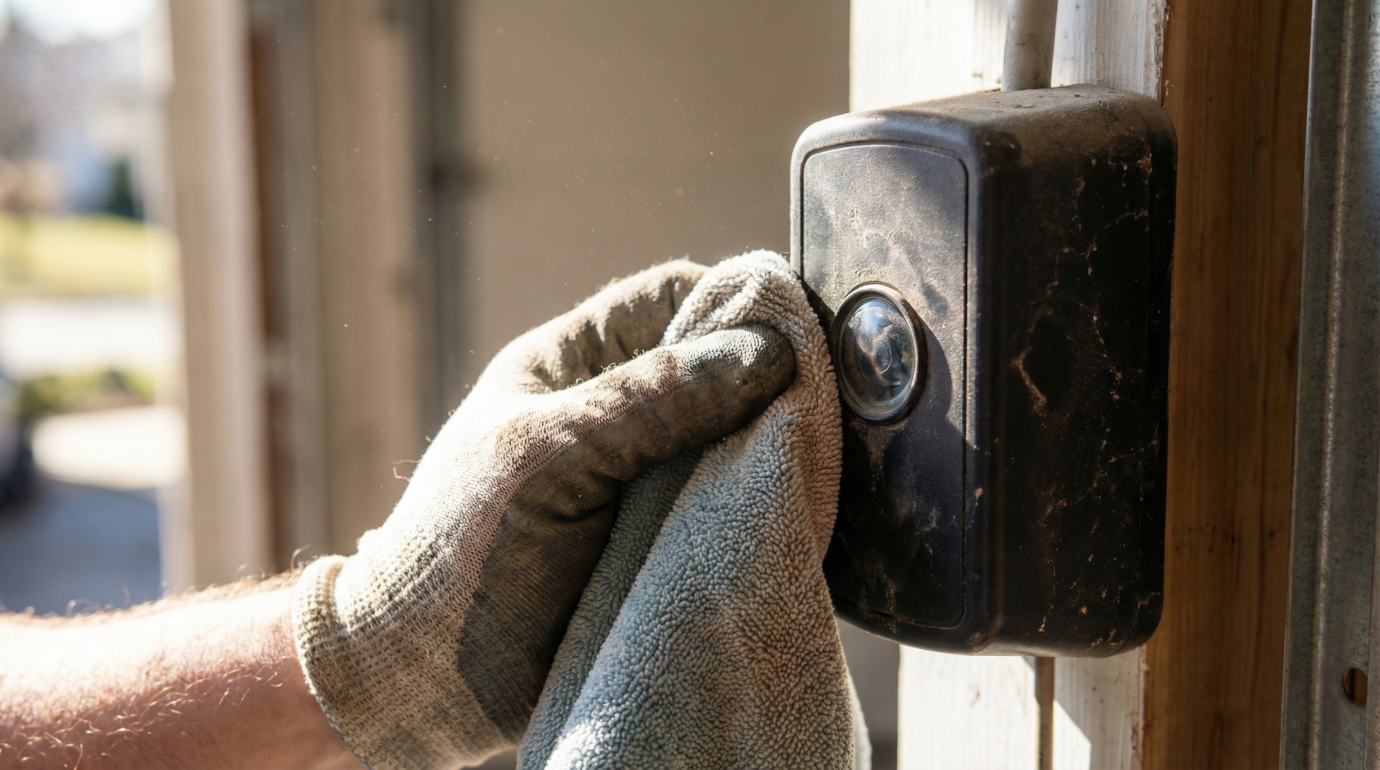 Person cleaning garage door sensor lens with a soft cloth