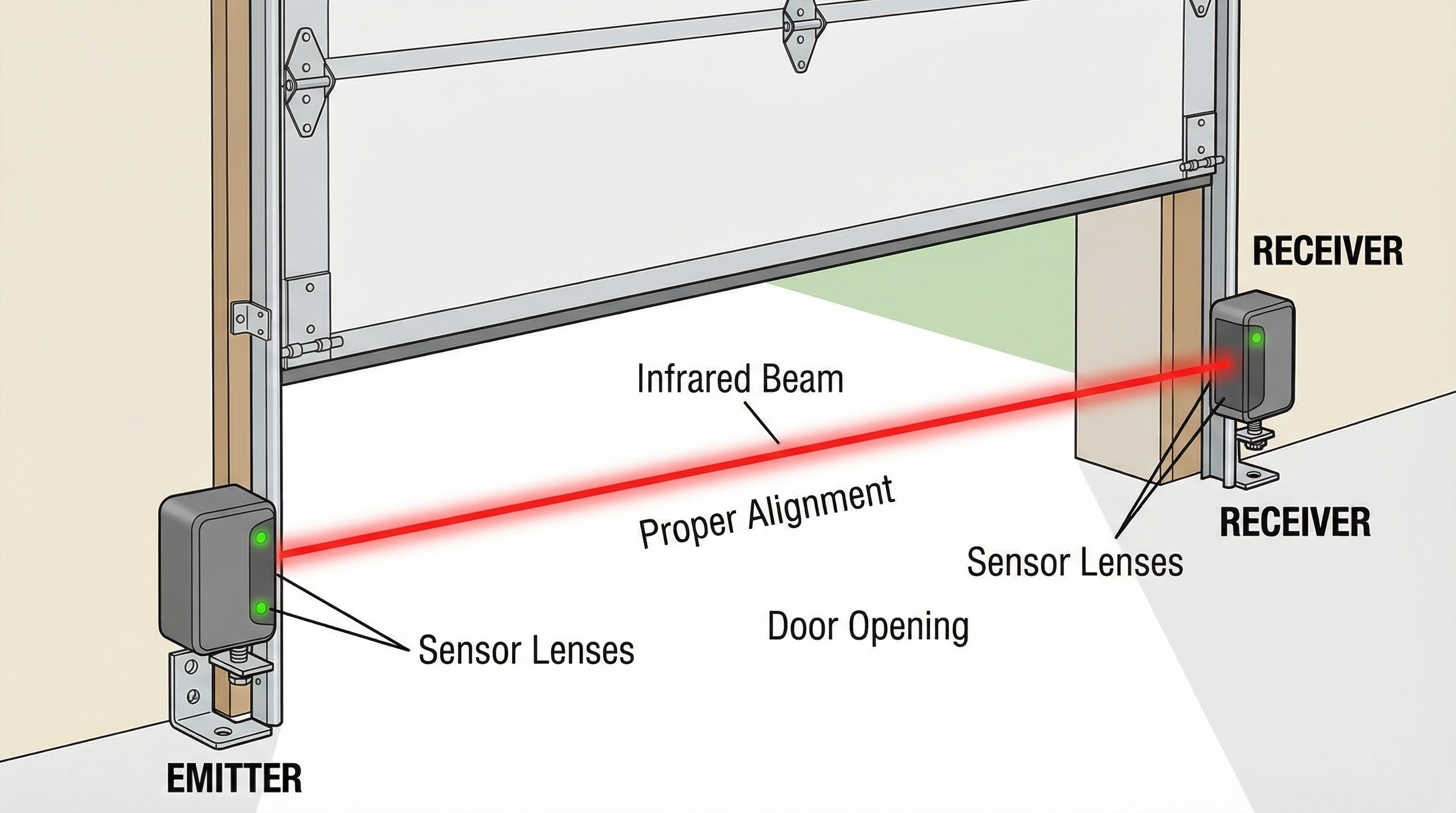 Diagram showing proper alignment of garage door sensors with infrared beam