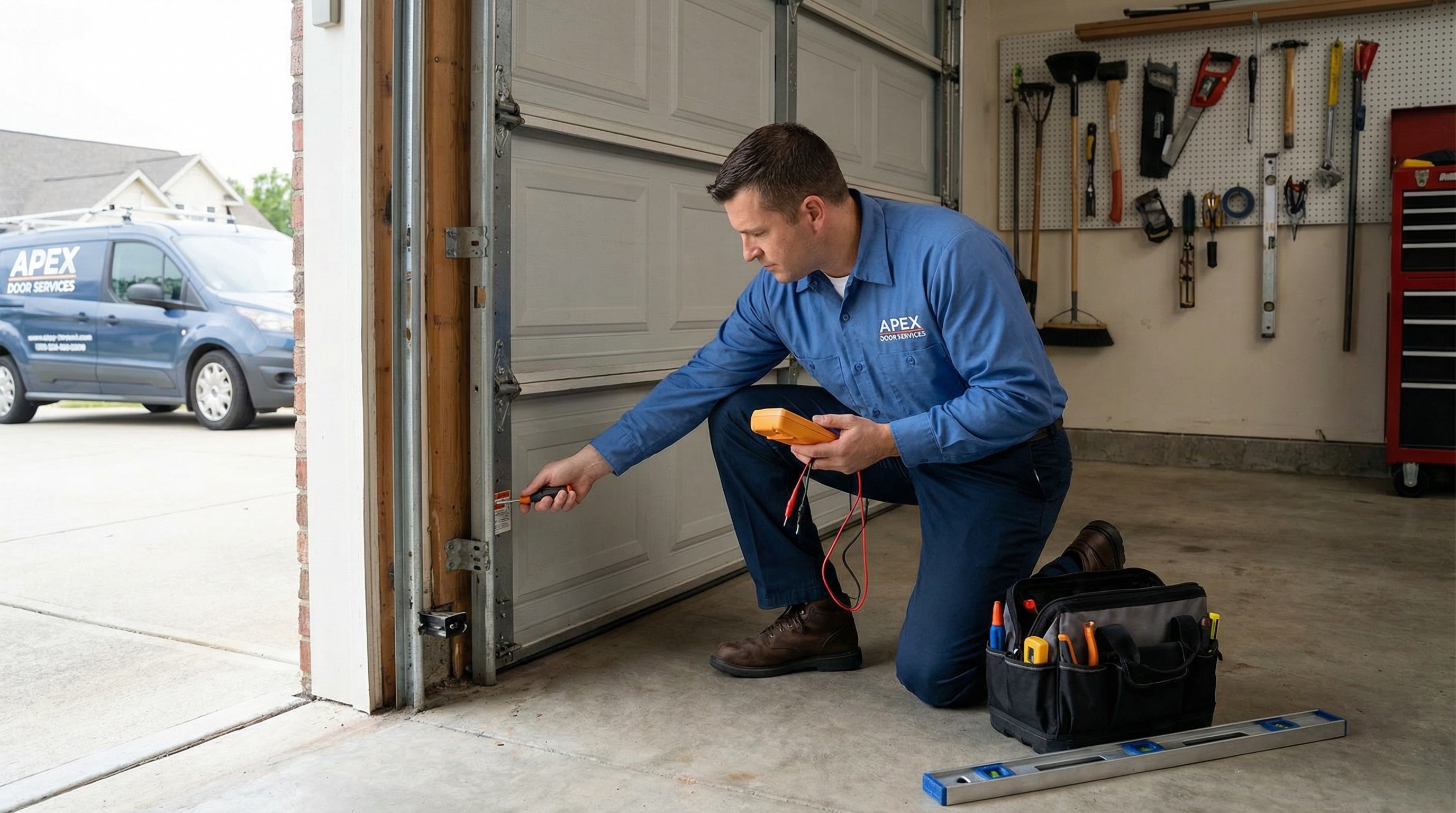 Garage door technician adjusting sensor alignment with tools