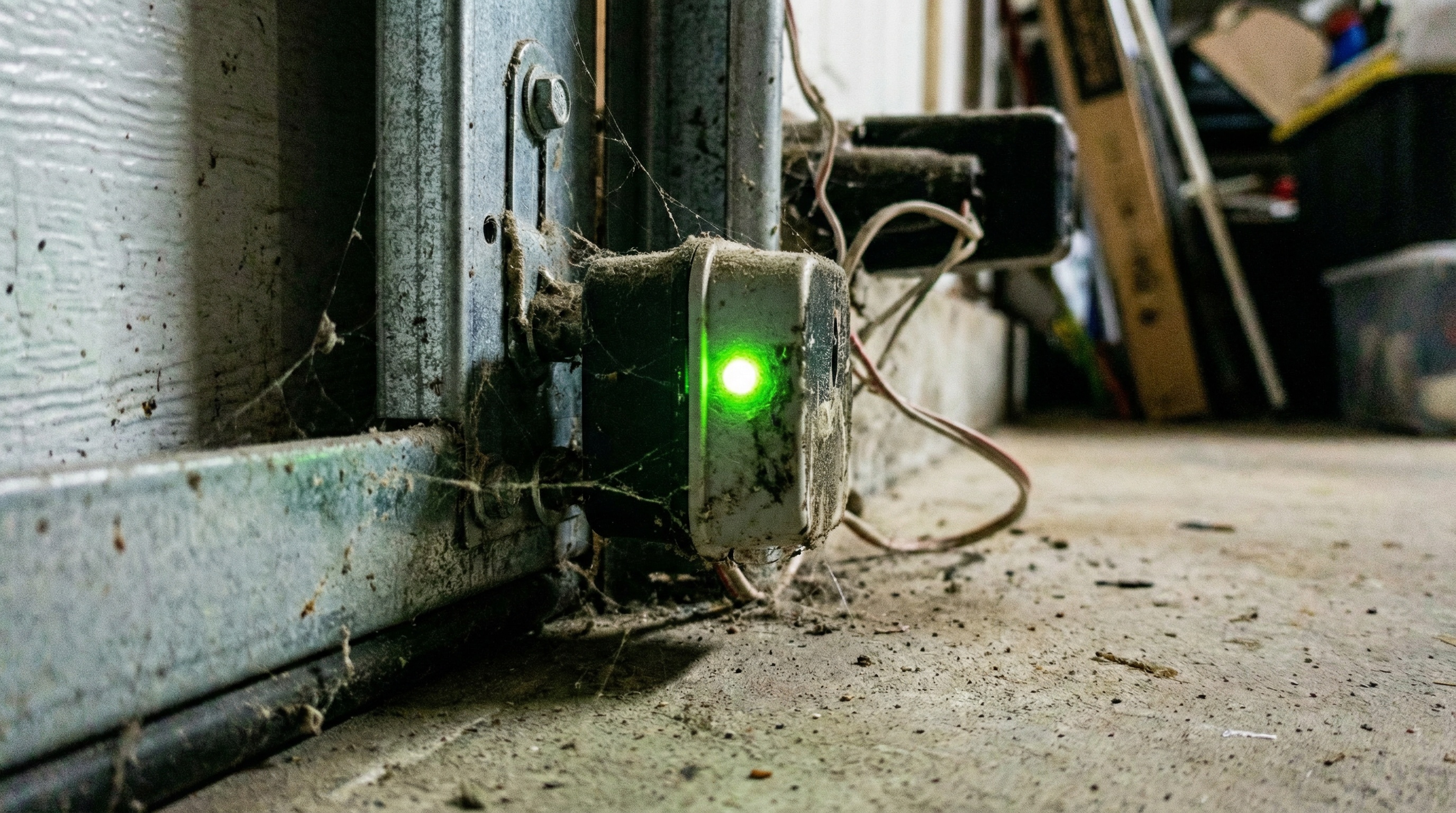 Close-up of garage door sensor showing steady green light