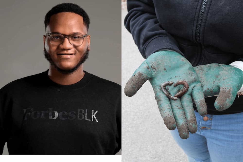 A smiling man wearing glasses and a black sweatshirt on a neutral background. Right: A person wearing green gardening gloves and a black hoodie holds a worm shaped like a heart in their dirt-covered palm.