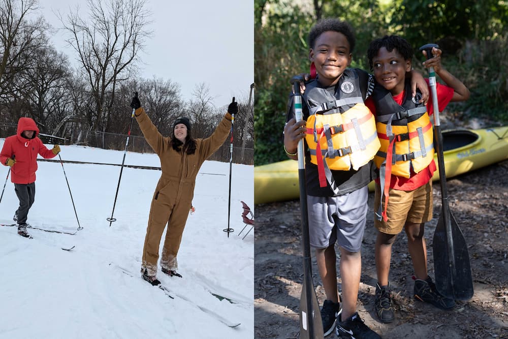 Two people cross country skiiing through snow in Riverside Park. Split picture - second picture is two young boys in life jackets holding paddles and smiling.