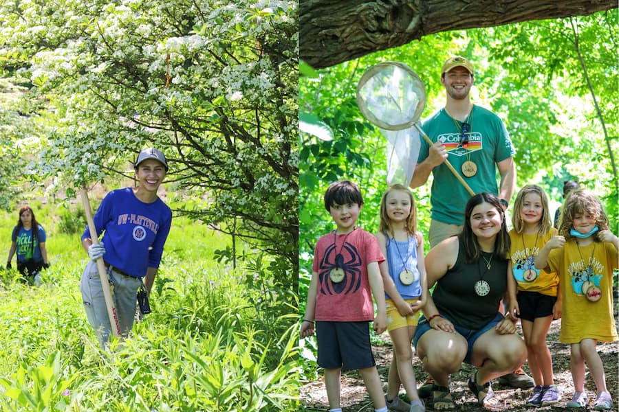 Summer Camp Team of educators and kids hanging out in the forest