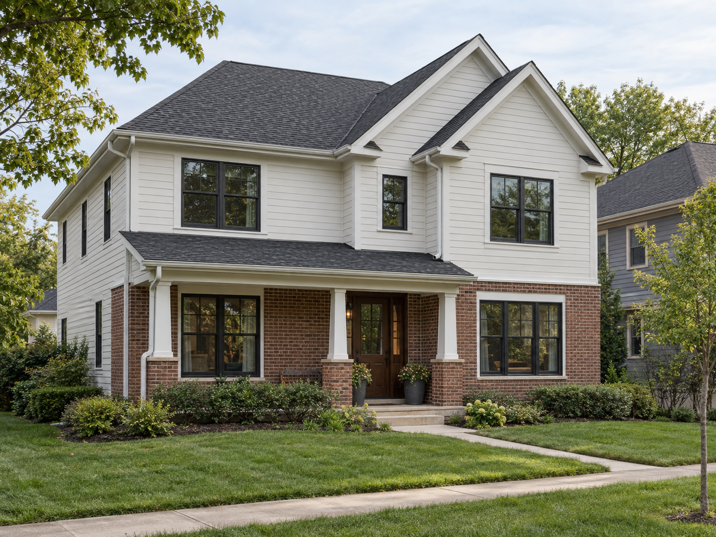 Illustrative home exterior with charcoal roofing, white siding, brick, windows, and gutters
