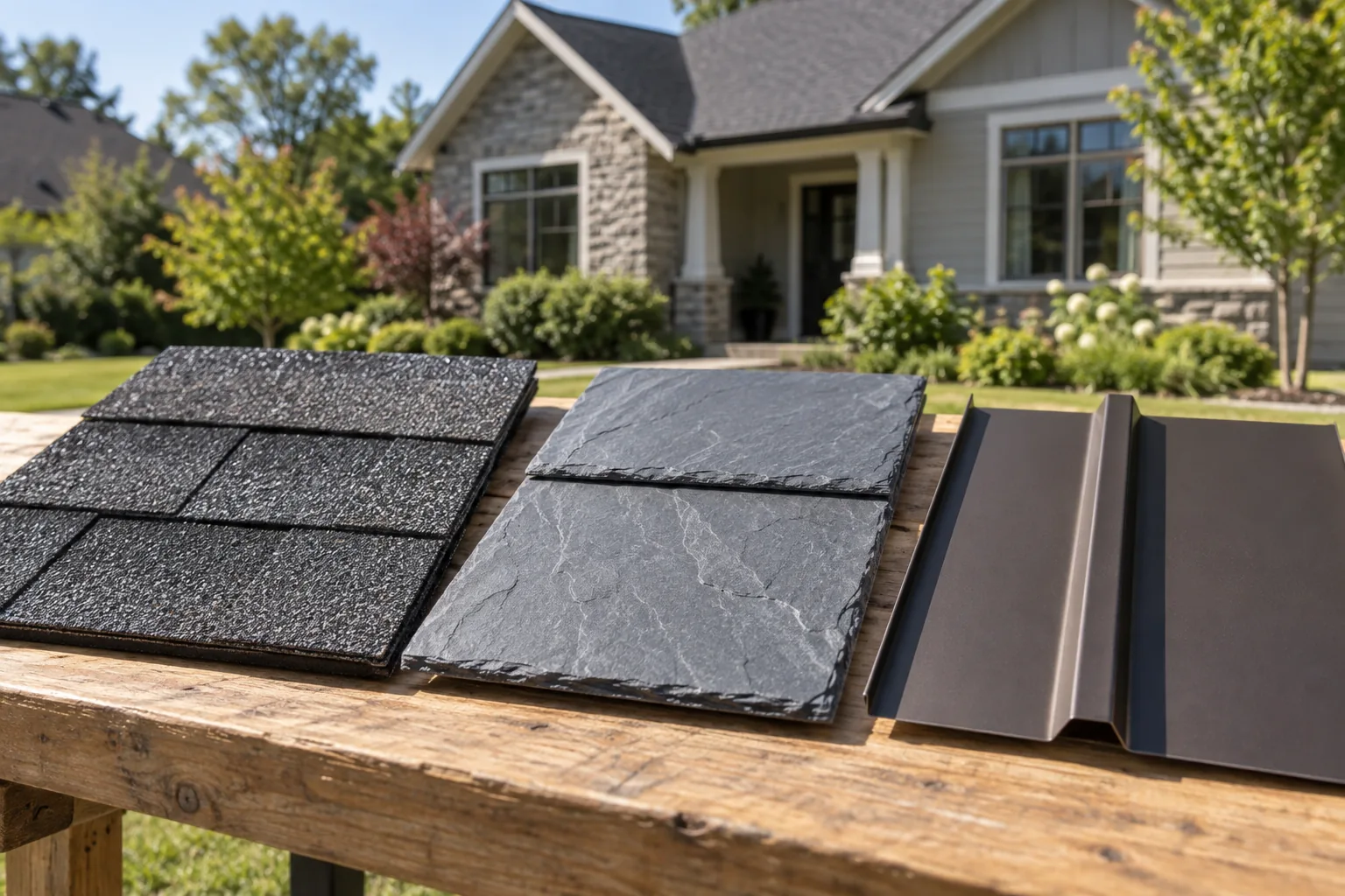 Illustrative asphalt, slate-style, and standing-seam metal roofing samples.
