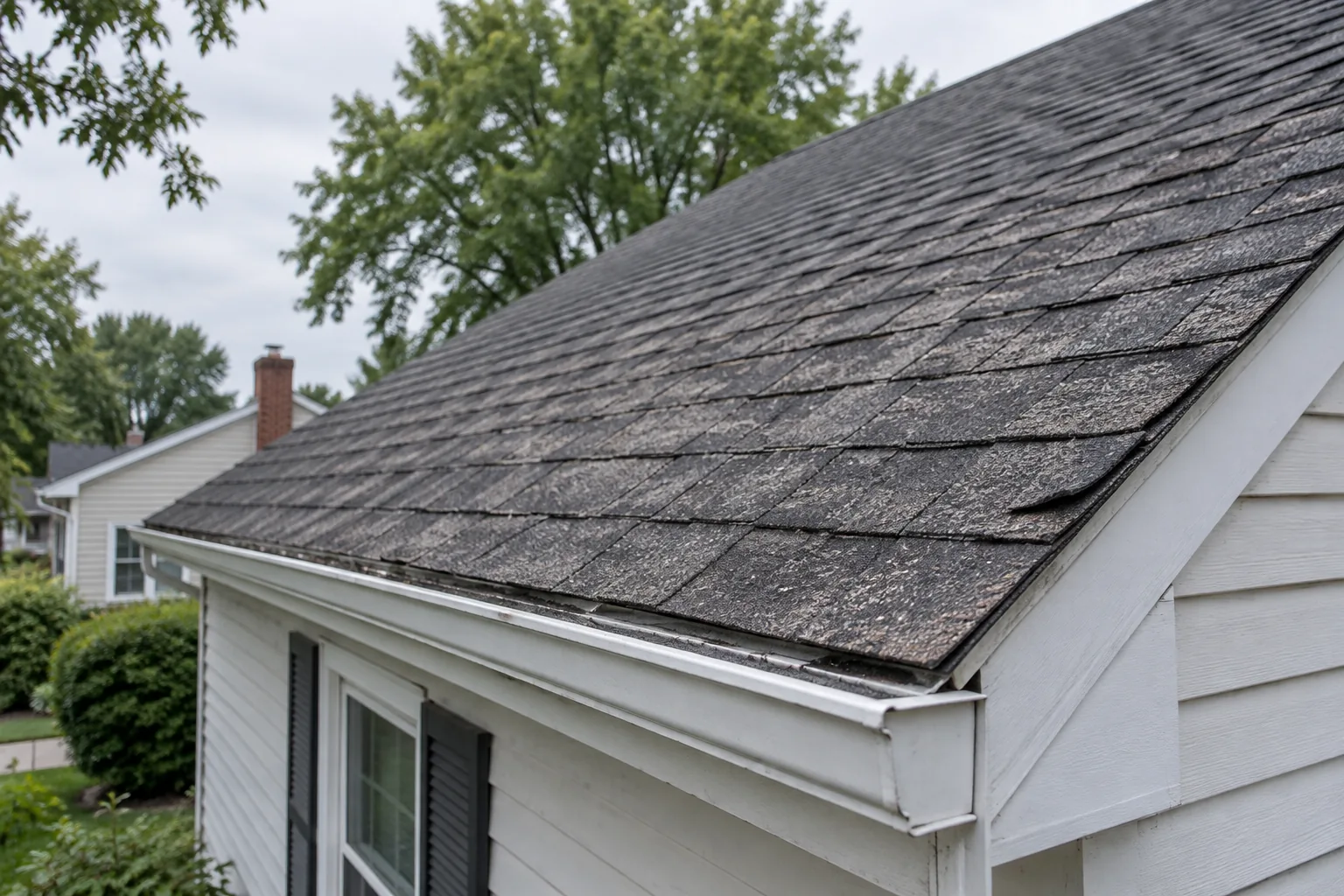 Illustration of weathered asphalt shingles above a white gutter.