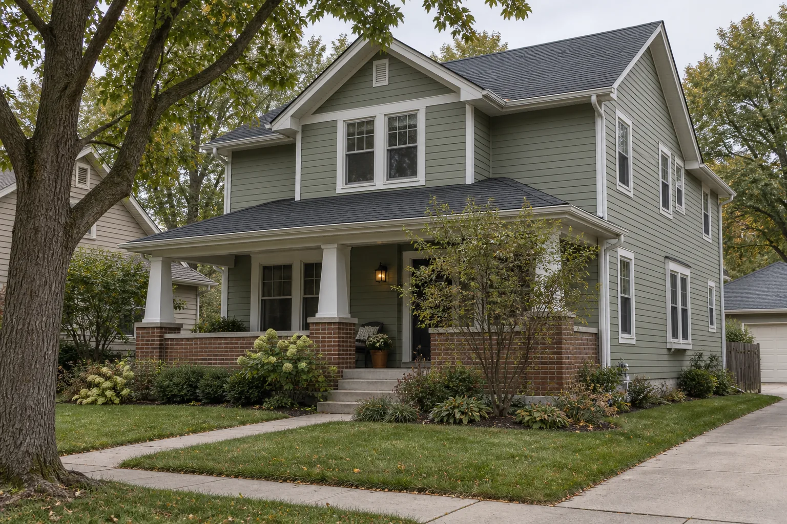 Illustration of a sage-sided suburban home with a charcoal shingle roof and white trim.