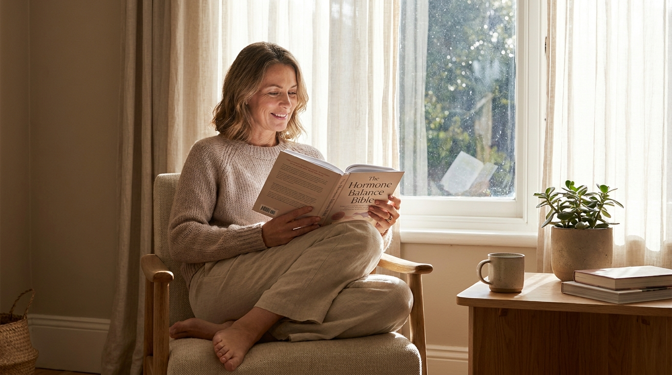A woman reading peacefully at home representing mental wellness and hormonal health