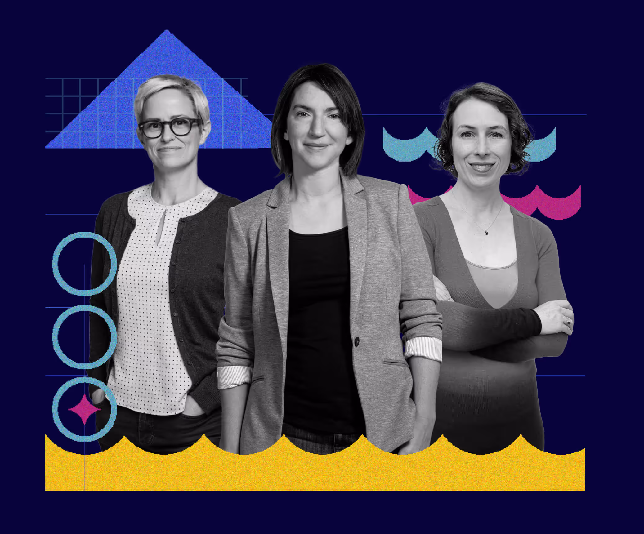 Three women standing side by side with a dark blue background featuring colorful geometric shapes and patterns.
