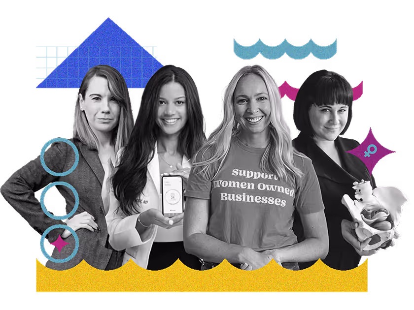 Black and white image of four women standing side by side with colorful geometric shapes surrounding them