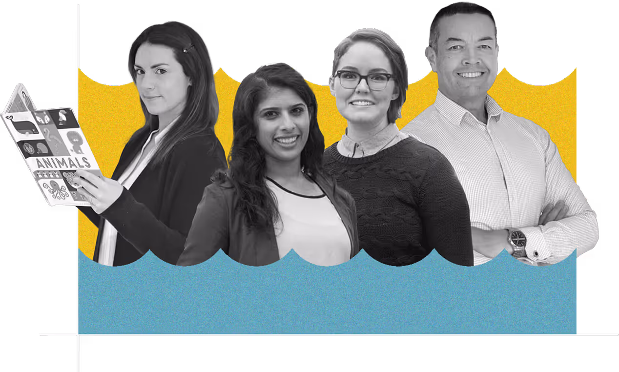 Four diverse professionals standing side by side, with one woman reading an illustrated book titled 'ANIMALS', set against stylized blue and yellow wave shapes background.