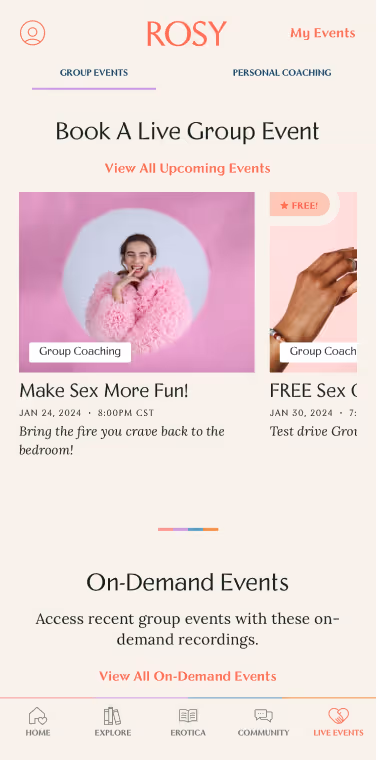 UX Gallery Screens - Rosy App - Daily Use Live events and coaching