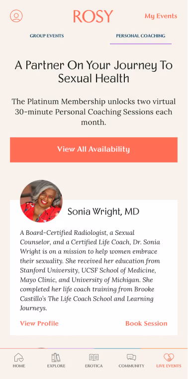 UX Gallery Screens - Rosy App - Daily Use Live events and coaching