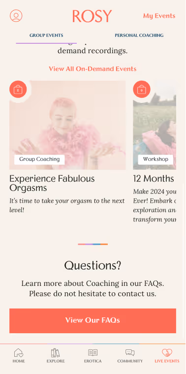 UX Gallery Screens - Rosy App - Daily Use Live events and coaching