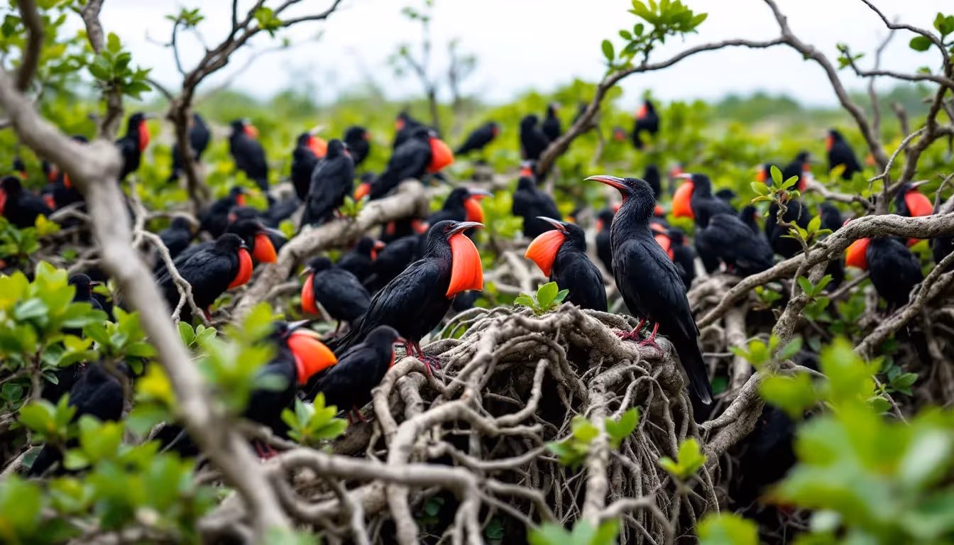 A large colony of black frigate birds is seen nesting in mangrove trees, with some of the birds displaying their striking bright red throat pouches. This scene captures a unique moment in the natural ecosystems of Antigua and Barbuda, showcasing the beauty of the Caribbean's wildlife.