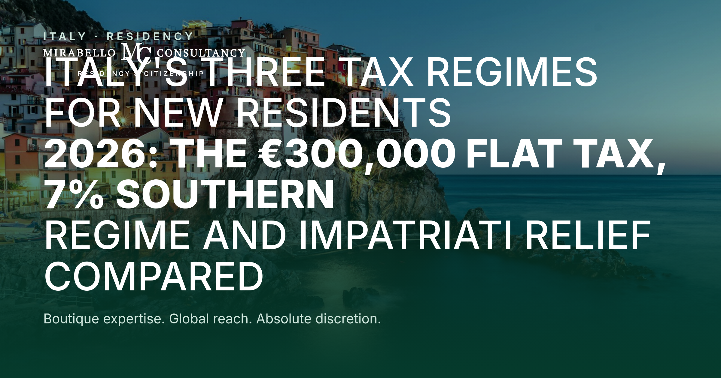 Italy's Three Tax Regimes for New Residents 2026: The €300,000 Flat Tax, 7% Southern Regime and Impatriati Relief Compared