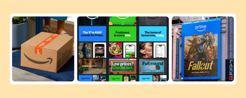 Amazon branding across packaging, ads, and Prime banner