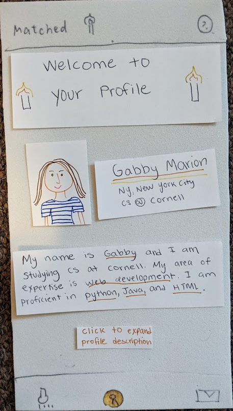 Paper prototype of Matched! app showing what your profile page looks like