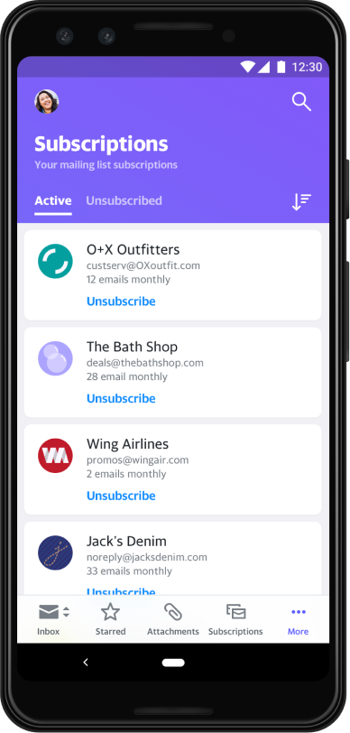Image of phone with Yahoo subscriptions page. Page has 2 tabs: Active and Unsubscribed. Active tab is open. Tab shows multiple subscriptions with each subscription having a name, email, amount of emails monthly, and the option to unsubscribe. There is an option to filter subscriptions at the top.