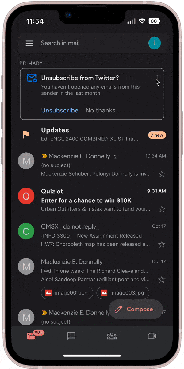 Gif showing how to enter the subscription page from the unsubscribe box. Cursor taps the top right corner where a popup appears at the bottom with options "Unsubscribe" "Manage Subscriptions" and "Cancel". Cursor then taps "Manage Subscriptions" which leads to the subscriptions page.