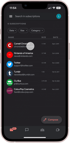 Gif showing how to unsubscribe. Page is in the subscriptions page, and a cursor goes over the "Cornell Chronicle" entry, holds it, and swipes to the left to show the option to unsubscribe on the right immediately next to it.