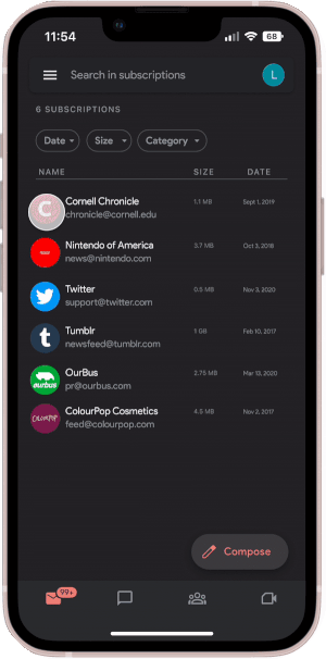 Gif showing how to unsubscribe. Page is in the subscriptions page, and a cursor goes over the "Cornell Chronicle" entry and taps the image for the entry. This prompts the entry to be selected, and the top bar to change to show options to unsubscribe, manage subscription, and delete all emails from Cornell Chronicle. Cursor then undoes selection.