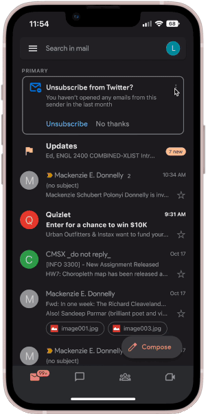 Gif showing how to enter the subscription page from the unsubscribe box. Cursor taps the top right corner where a popup appears at the bottom with options "Unsubscribe" "Manage Subscriptions" and "Cancel". Cursor then taps "Manage Subscriptions" which leads to the subscriptions page.