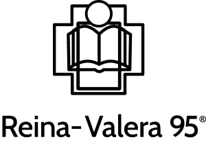 Logo for Reina Valera 95. It is a stylized logo with a person with an open Bible below them and "Reina Valera 95" below.
