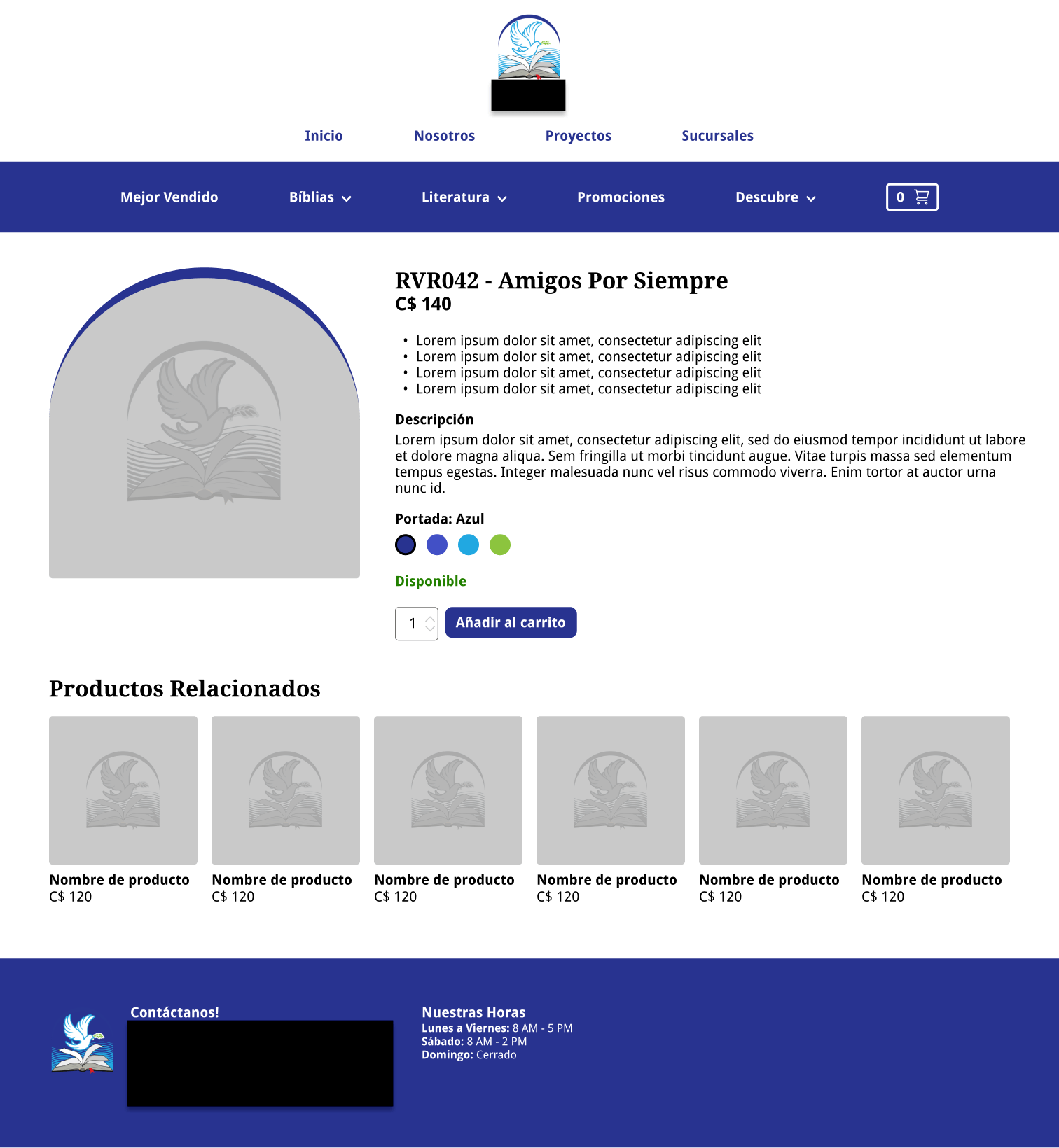 Mid-fidelity mockup for a product page. The product is a Reina Valera 1960 Bible meant for kids.