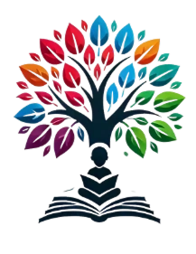 Emergent Literacy Logo. It's a tree with someone sitting reading at the base. The person reading and the trunk are navy blue and the leaves are different colors.