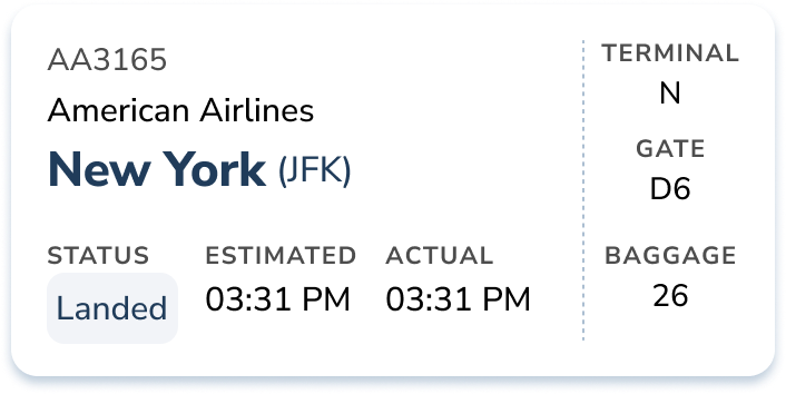 Mobile entry for a flight from JFK to MIA. Flight entry is styled like a boarding pass, with information shown (in order): flight code, airline, city, status, estimated time, arrival time, terminal, gate, and baggage.