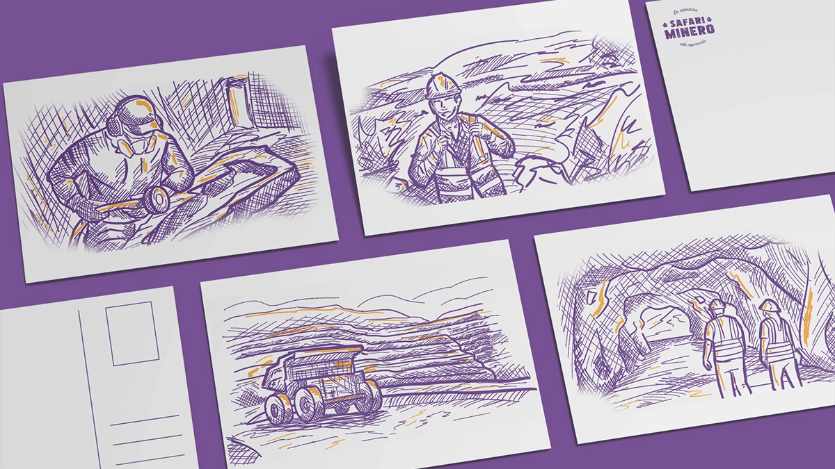 Conjunto de ilustraciones tipo postal que muestran escenas relacionadas con la minería: un minero usando máscara y herramienta, un minero con casco y chaleco, dos mineros dentro de una mina subterránea, y un camión minero en terreno abierto, todo en trazos morados y detalles naranjas sobre fondo morado.