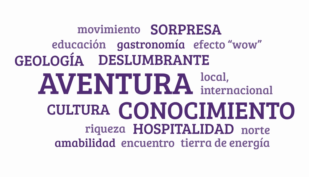 Nube de palabras con términos en español relacionados con aventura, conocimiento, geología, cultura, hospitalidad y sorpresa, en diferentes tamaños y de color violeta.