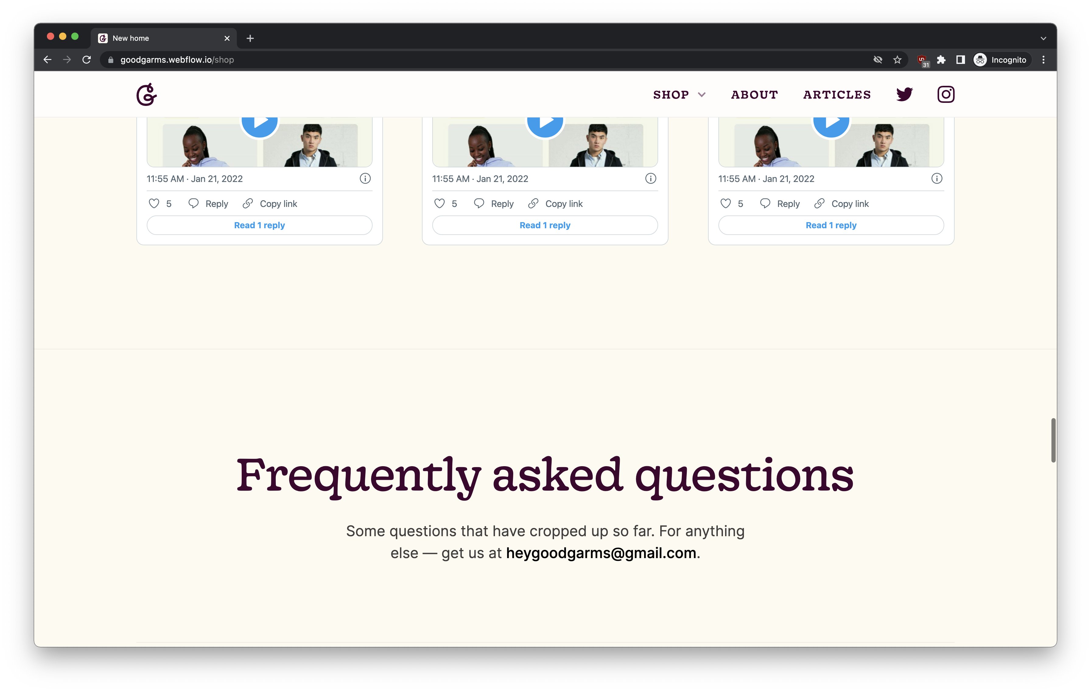 Embedded Tweets for customer testimonials, and FAQs