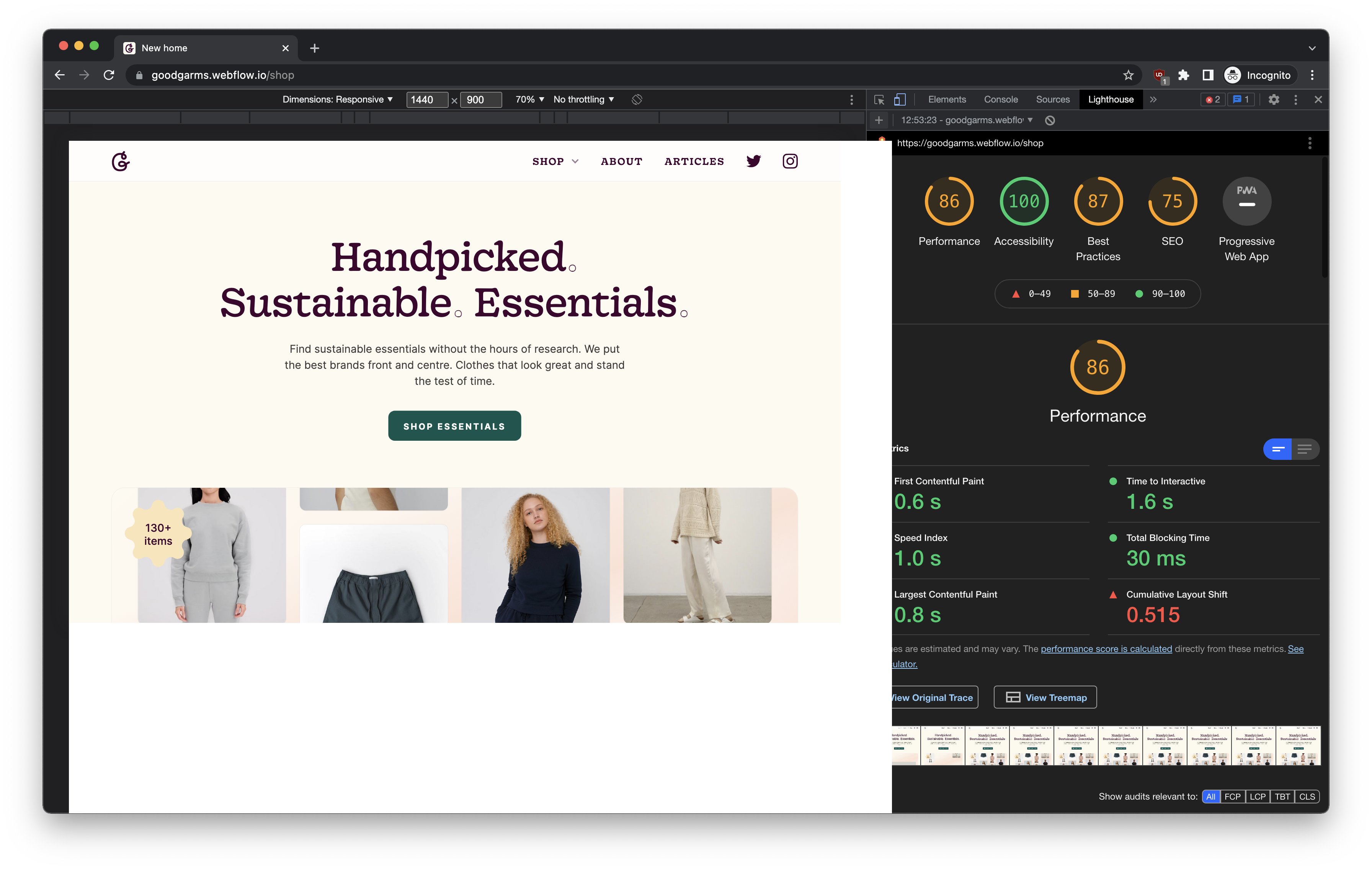 Google Lighthouse showing the performance, accessibility, best practices, and SEO scores