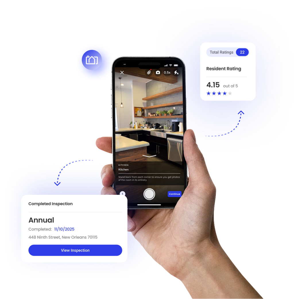 A Hand holding a phone with the RentCheck inspection open. The resident is inspecting a kitchen. 