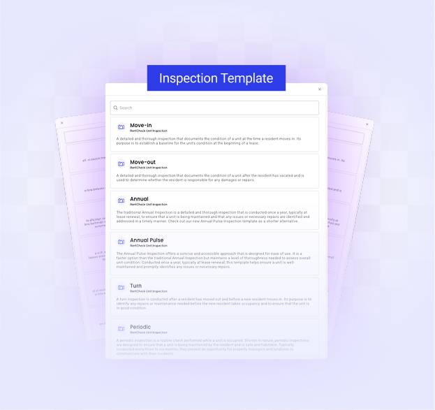 An image of RentCheck's inspection templates. This includes a Move-in property inspection template, Move-out property inspection template, Annual property inspection template, Turn property inspection template, and Periodic property inspection template. 