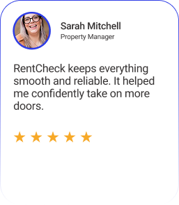 A customer quote saying "RentCheck keeps everything smooth and reliable. It helped me confidently take on more doors."