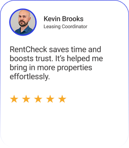 A customer quote saying "RentCheck saves time and boosts trust. It's helped me bring in more properties effortlessly."