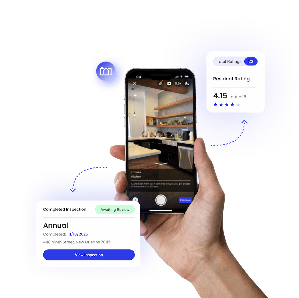 A hand holding a phone with the RentCheck app opened