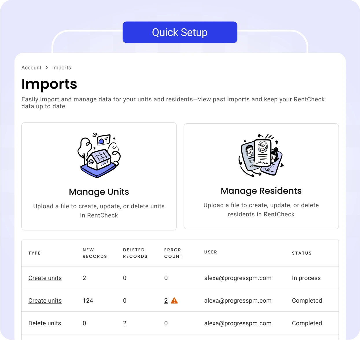RentCheck easy data imports of units and resident data. 
