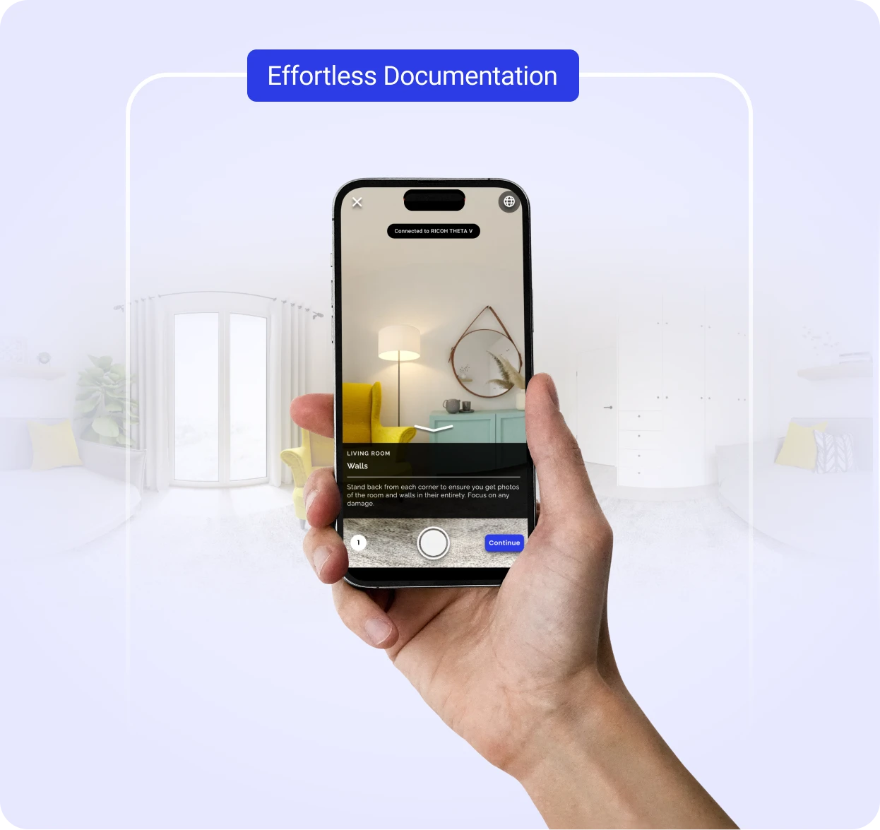 A hand holding a mobile phone with RentCheck open completing an inspection with a 360 degree camera. 