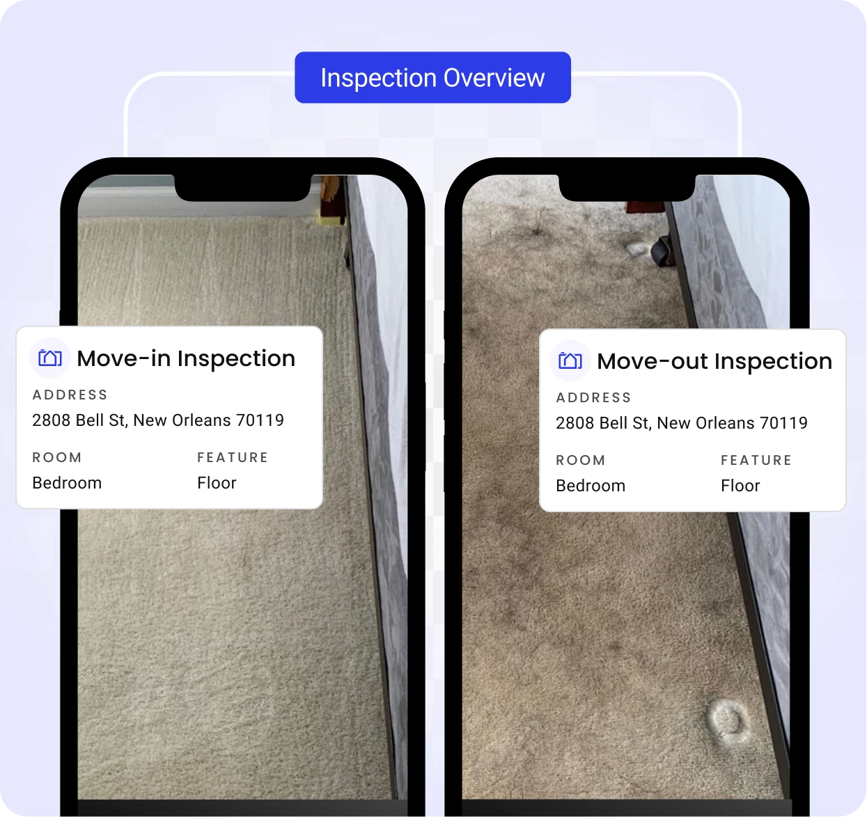 A RentCheck inspection showing a move-in inspection and move-out inspection comparison. The comparison shows significant pet damage to the carper on move-out.