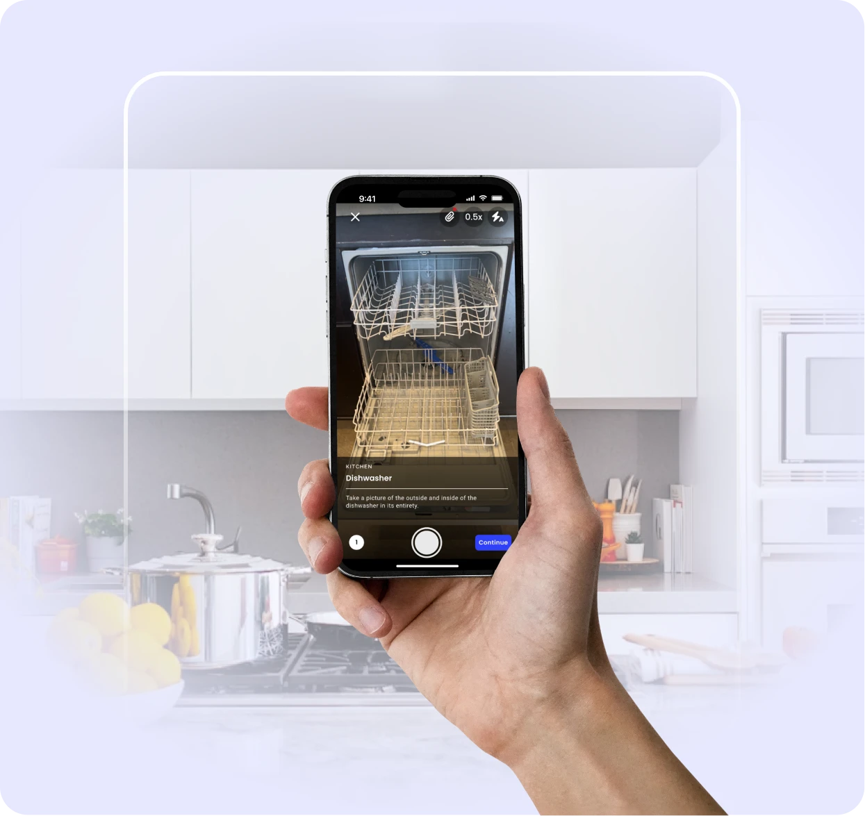 The RentCheck app open and recording images of a dishwasher.