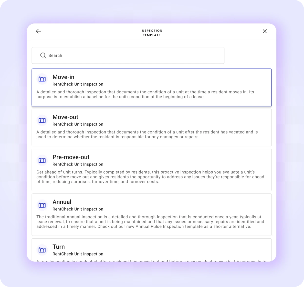 An image showing all the options for RentCheck Inspection Templates. With RentCheck you get many inspection templates including Move-in inspection templates, move-out inspection templates, annual inspection templates, maintenance inspection templates, turn inspection templates, and more residential property management templates.